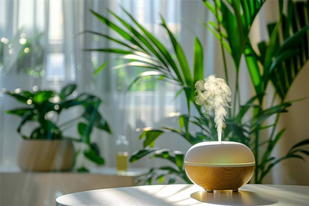 Mini-Luftbefeuchter im Test: Ein dekorativer Befeuchter im Wohnzimmer.