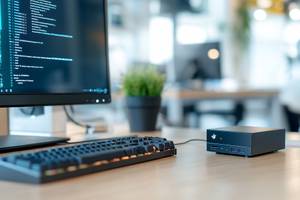 Ein getesteter lüfterloser Mini-PC mit Monitor und Tastatur auf einem Schreibtisch.