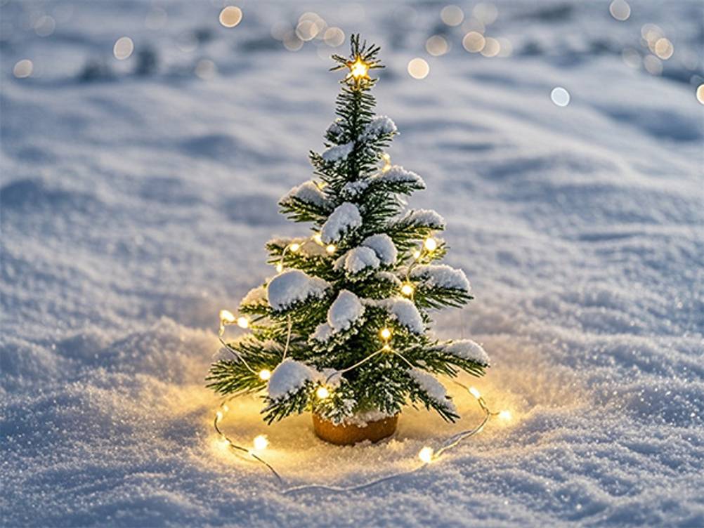 Mini-Weihnachtsbaum im Test: Ein kleiner Weihnachtsbaum mit Beleuchtung, der mit Schnee bedeckt ist.
