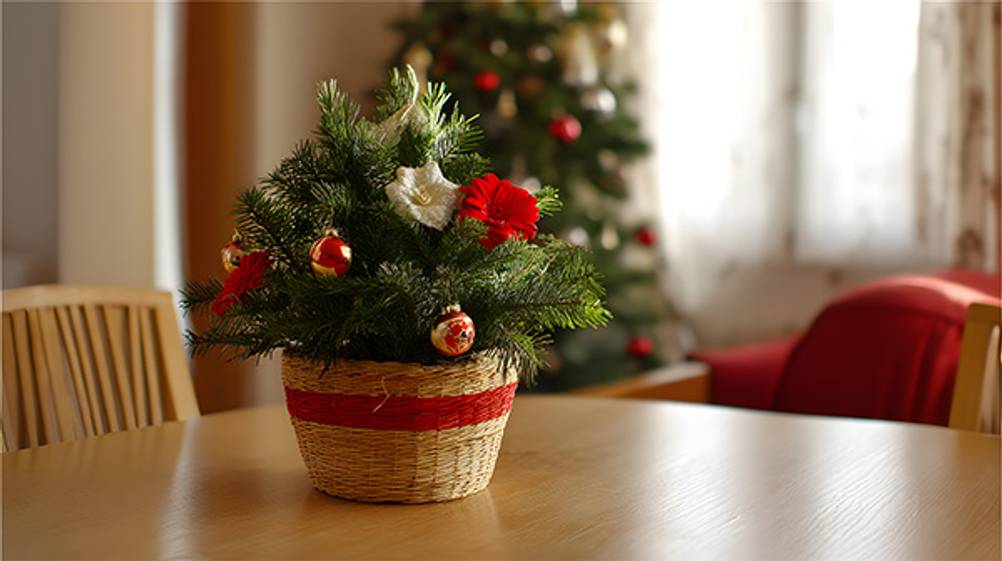 Mini-Weihnachtsbaum im Test: Ein kleines Weihnachtsgesteck auf einem Tisch
