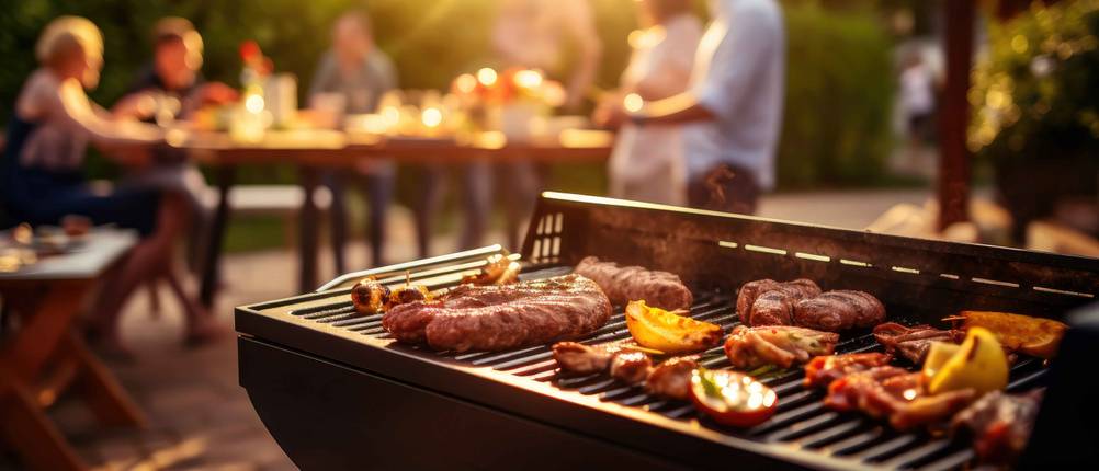 Grill mit Fleisch im Vordergrund, feiernde Menschen im Hintergrund.