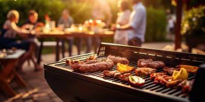 Grill mit Fleisch im Vordergrund, feiernde Menschen im Hintergrund.