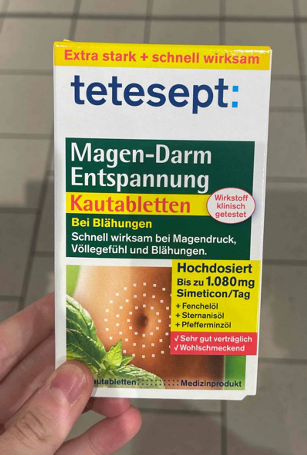 Frontseite der Verpackung von Mittel gegen Blähungen im Test.