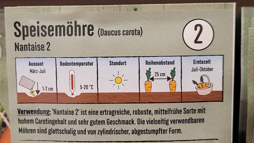 Möhren-Samen im Test: Nahaufnahme der Rückseite mit Infografiken.