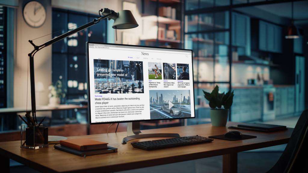 Asus 27 Zoll Monitor im Test: Monitor mit den neuesten Nachrichten und Stehlampe auf einem Schreibtisch.