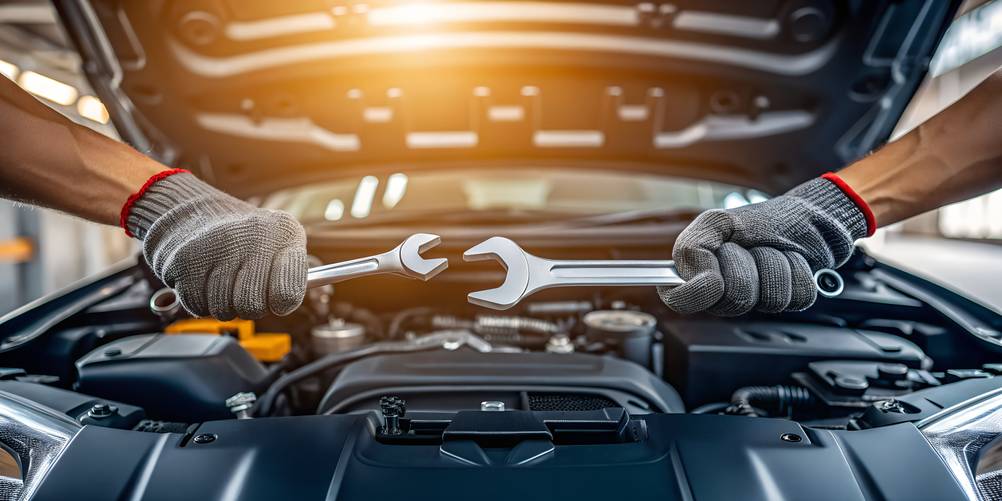 Motorbrücke im Test: Wir sehen zwei behandschuhte Hände über einem Automotor mit jeweils einem Schraubenschlüssel.