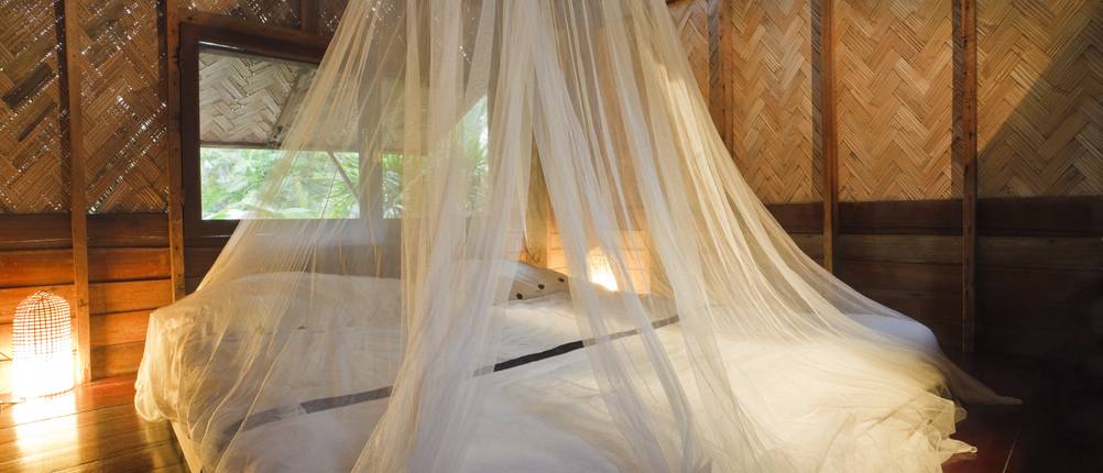 Moskitonetz-Bett-Test: Ein Moskitonetz ist über einem Bett in einer Holzhütte aufgehängt.