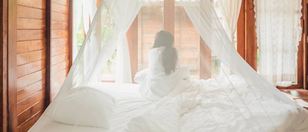 Moskitonetz für das Bett im Test: Eine dunkelhaarige Frau sitzt unter einem Moskitonetz auf einem Bett.