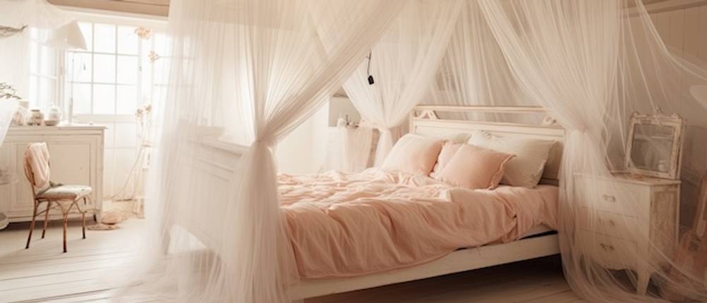Moskitonetz-Bett-Test: Ein großes Moskitonetz über einem hellen großen Bett mit rosa Bettzeug.