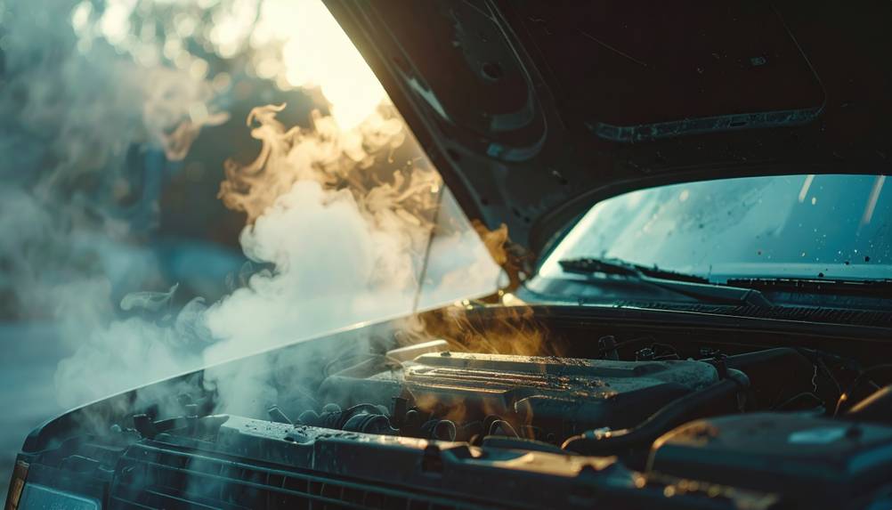 Motorbrücke im Test: Ein Auto mit dampfendem Motor steht im Gegenlicht mit geöffneter Haube.