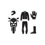 Iconabbildung eines Motorrads, Helms, Jacke, Hose, Handschuhs und Stiefels.