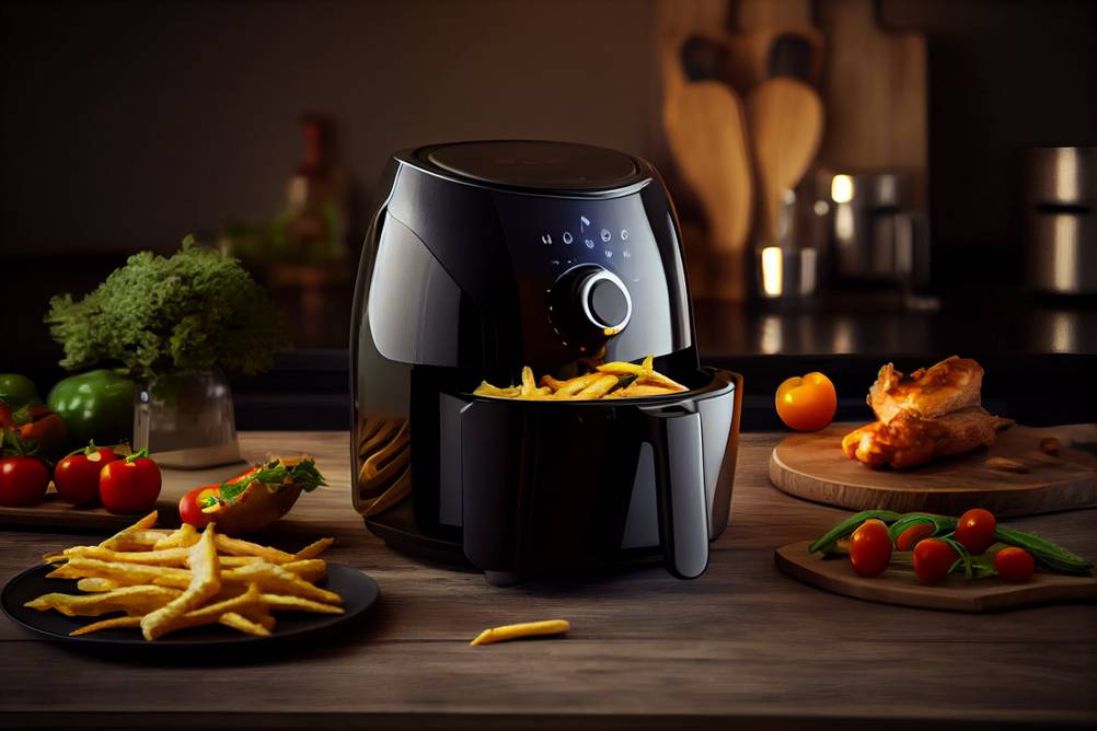 Moulinex-Fritteuse-Test: Schwarzer Airfryer auf hölzernem Tisch umringt von diversen Lebensmitteln.