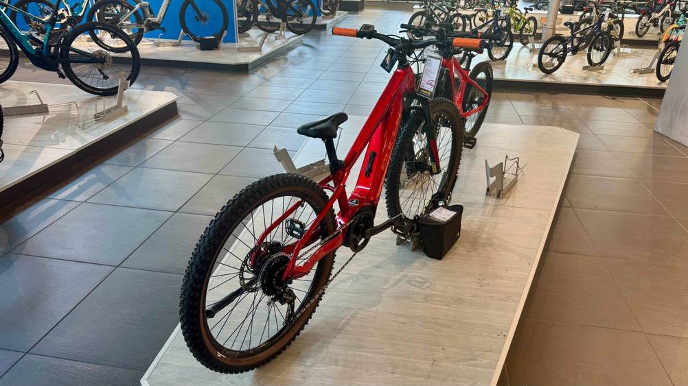 Das getestete Mountainbike 26 Zoll von schräg hinten auf einer Plattform.