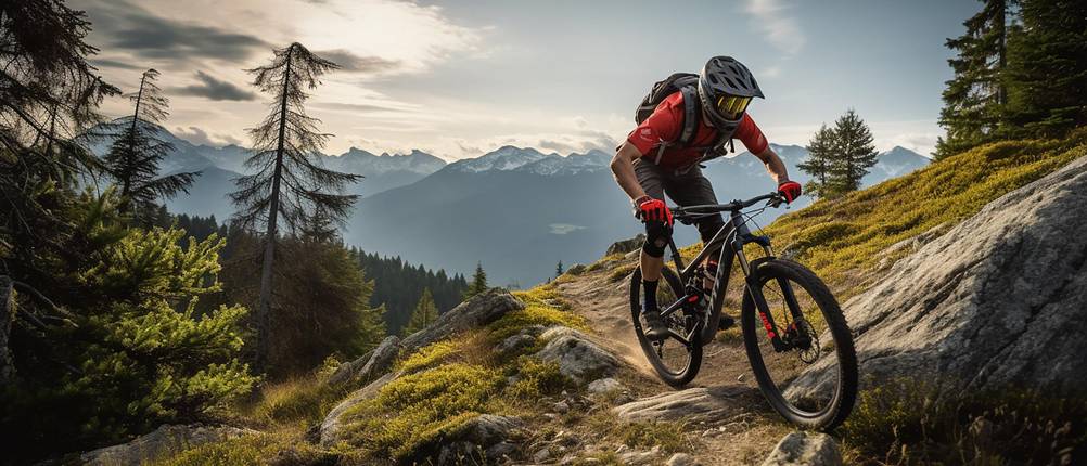 Mountainbike-Helm Herren im Test: Ein Mann fährt Downhil mit einem Fullface-Helm.