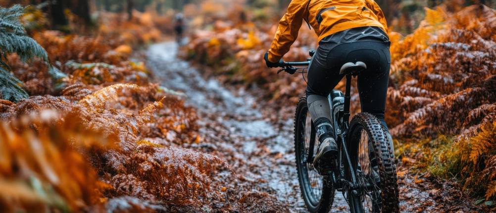 Beinlinge-Fahrrad-Test: Eine Frau auf dem Fahrrad trägt eine kurze Hose und Beinlinge. Sie radelt durch den herbstlichen Wald.