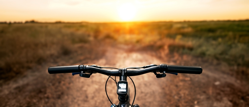 Ein Fahrradlenker mit schwarzen Griffen auf einem Trail in der Natur bei Sonnenuntergang. Der Blick führt über den Lenker auf den staubigen Weg.