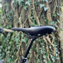 Ein Mountainbike mit dem SQlab 610 M-D Active Sattel steht vor einem Baum. Die ergonomische Sattelform ist gut zu erkennen.
