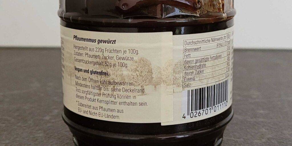 Getestetes Pflaumenmus in einem Glas von Mühlhäuser inklusive Produktbeschreibung.