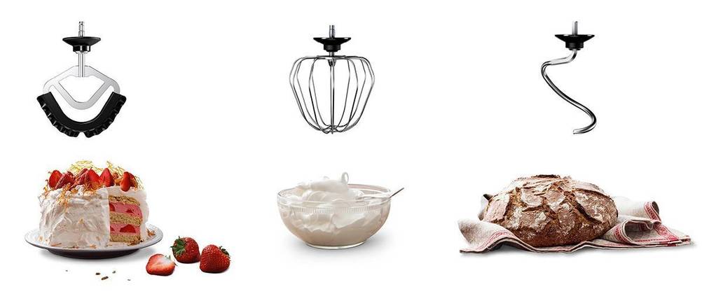 Bosch MUM 9 hat viele Funktionen. Ein Patisserie-Set ist stets enthalten. Im Gegensatz zur Bosch Styline ist der Rührbesen aus Silikon und nicht aus Edelstahl.