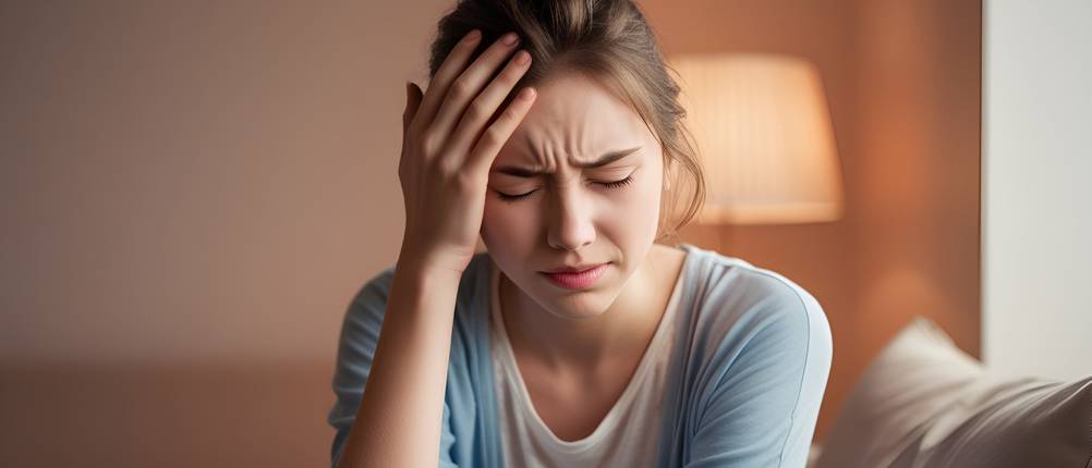 Mutterkraut-Test: Frau, die sich aufgrund von Kopfschmerzen die Stirn hält