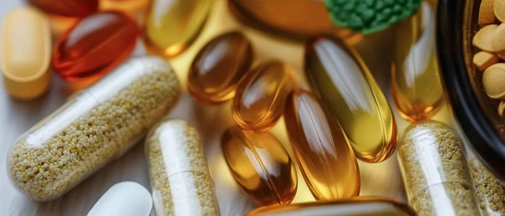 Mutterkraut-Test: bunte Mischung aus verschiedenen Nahrungsergänzungsmitteln in Tabletten- und Kapselform