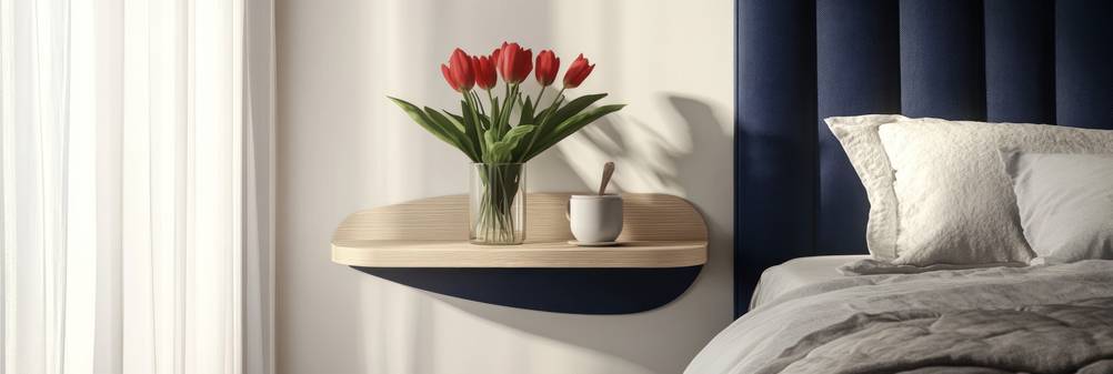 Nachttisch-hängend-Test: Ein abgerundeter Nachttisch ist neben einem Bett an der Wand montiert.