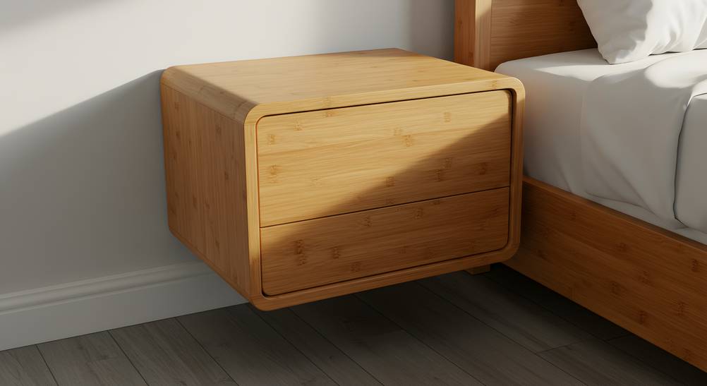 Nachttisch-hängend-Test: Ein runder Holz-Nachttisch mit zwei Schubladen ist neben einem Bett an der Wand montiert.