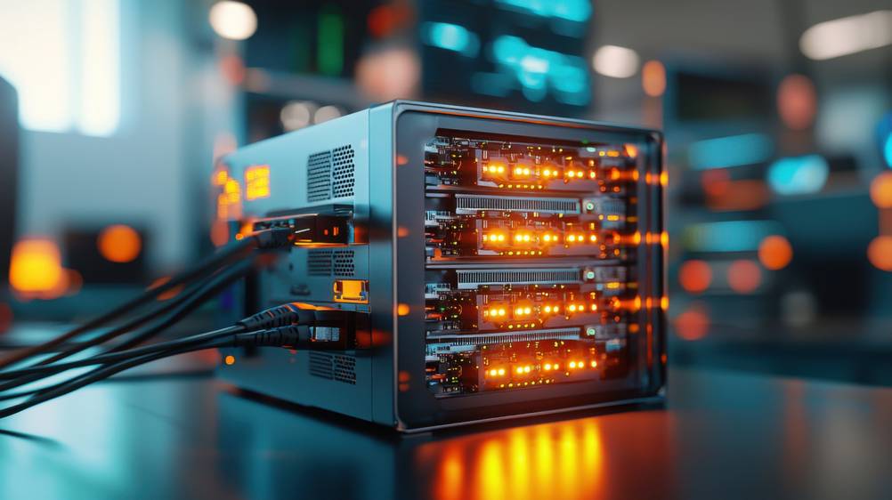 Mainboards im Test: Ein beleuchteter NAS-Server mit Netzwerkanschlüssen.