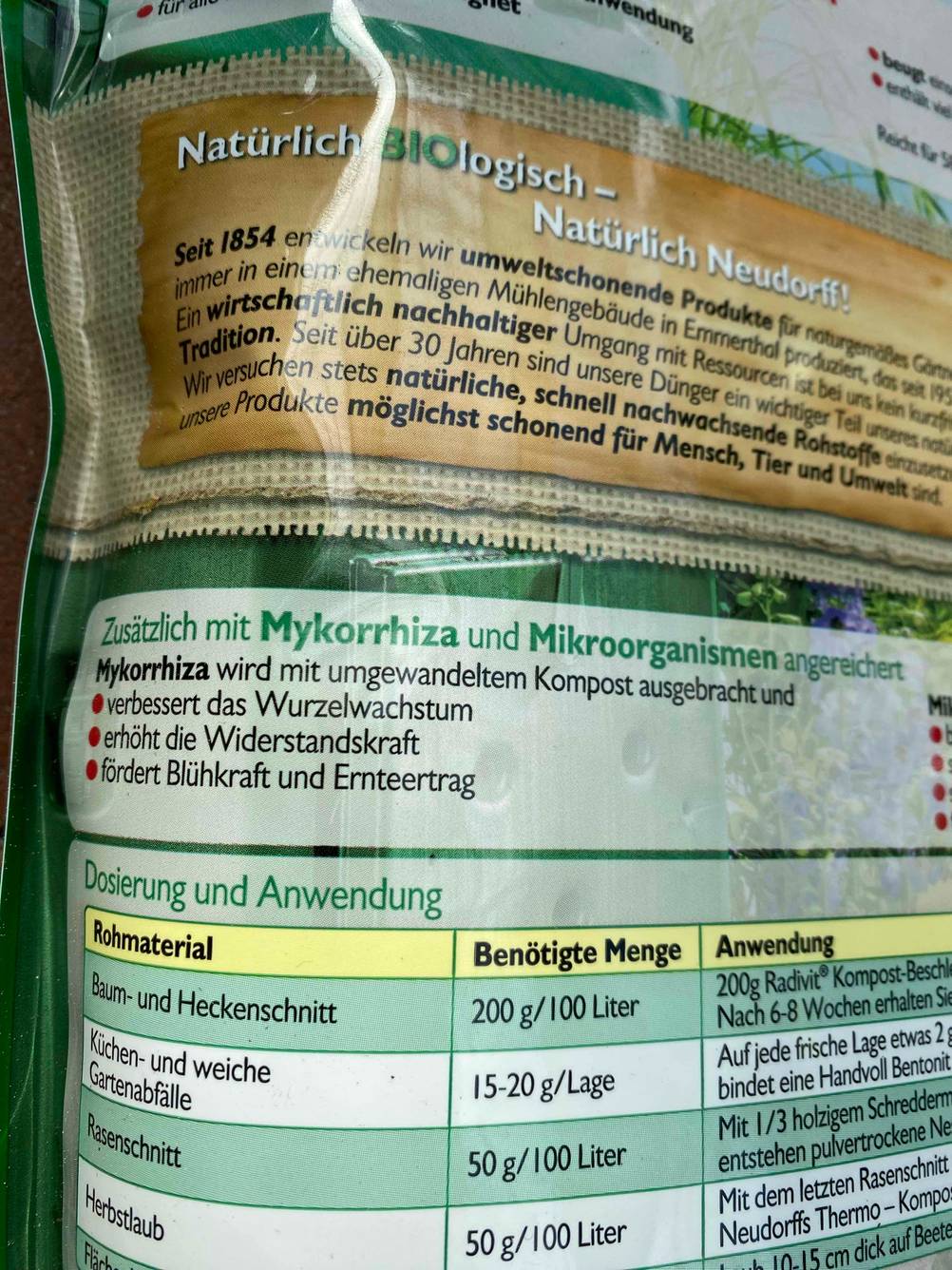 Kompostbeschleuniger im Test: Nahaufnahme der Angaben zur Dosierung und Anwendung auf einer Packung hinten.