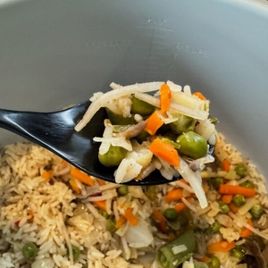 Auf einem Löffel liegt Gemüse mit Reis aus dem Ninja-Multikocher OP300EU