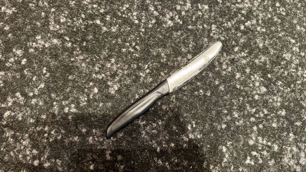 Ein getestetes Frühstücksmesser mit schwarzem Griff und Wellen geschliffener Klinge befindet sich auf einem grauen, melierten Teppich.