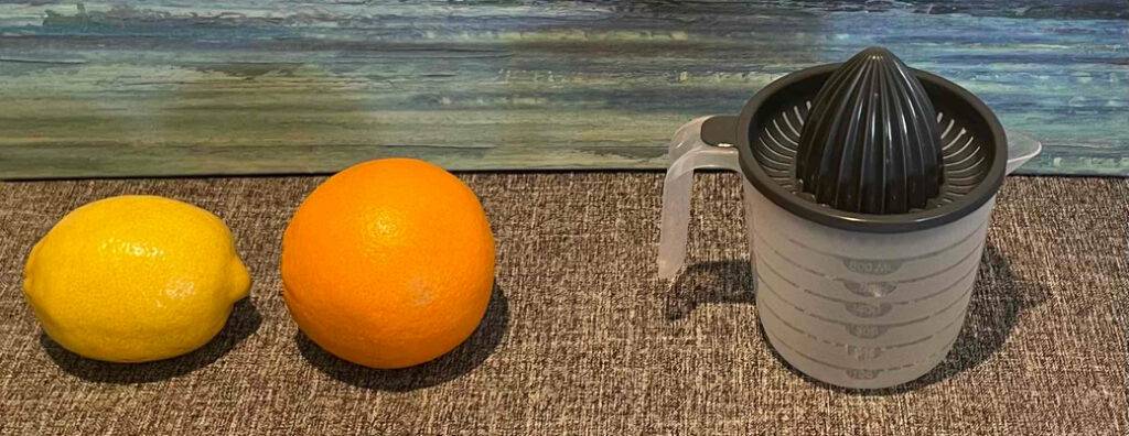 Orangenpressen im Test: Ein Modell mit Liter-Anzeige steht neben zwei Zitrusfrüchten.