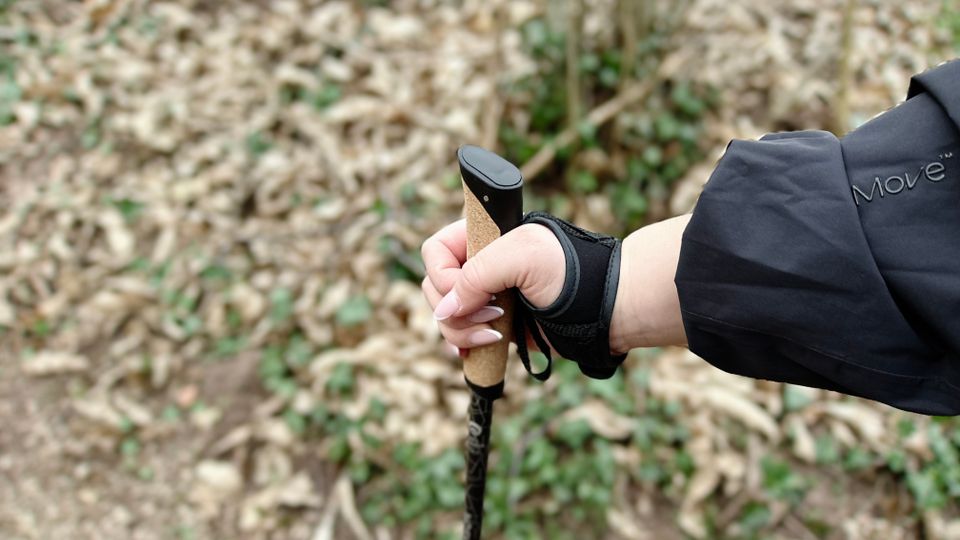 Eine Hand hält den Griff eines Alpidex Nordic-Walking-Stocks. Der Korkgriff liegt sicher in der Hand, eine Schlaufe ist um das Handgelenk gelegt.