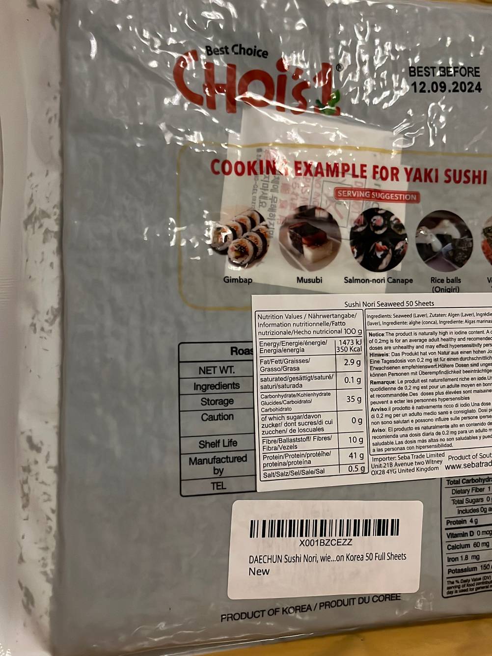Nori-Blätter im Test: Nahaufnahme der Nährwertangaben auf der Rückseite der Verpackung.
