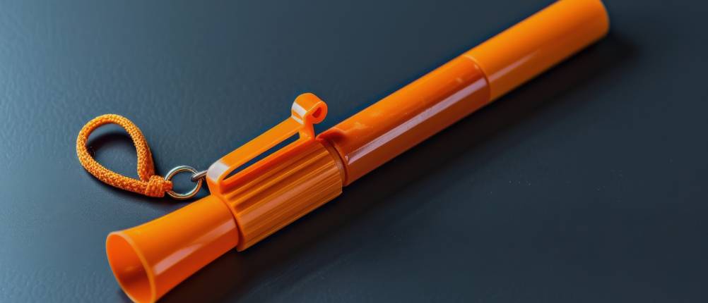 Notfallpfeifen-Test: leuchtend orangefarbene Pfeife auf einer dunklen Oberfläche mit einer Kordel ausgestattet