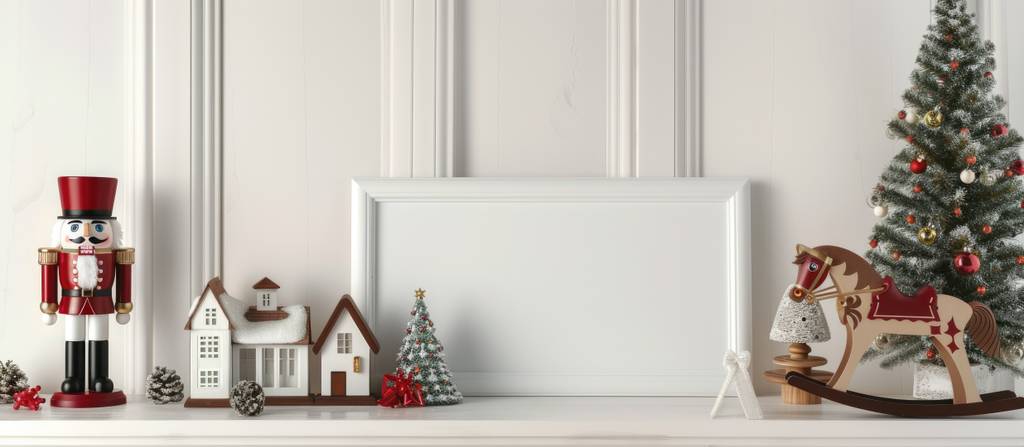 Nussknacker Erzgebirge Test: Ein Nussknacker, ein Schaukelpferd, ein kleines Modellhaus und ein Weihnachtsbaum stehen auf einem hellen Regal. 