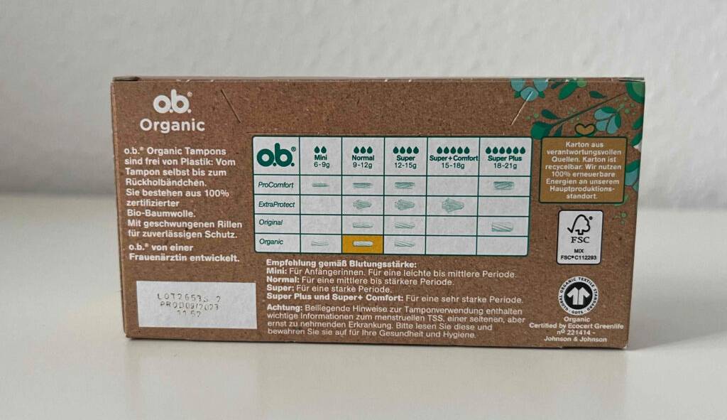 Bio-Tampons-Test: Gesamtansicht einer braunen Verpackung o.b. Organic inklusive einer Beschreibung zu unterschiedlichen Größen der erhältlichen Tampons.