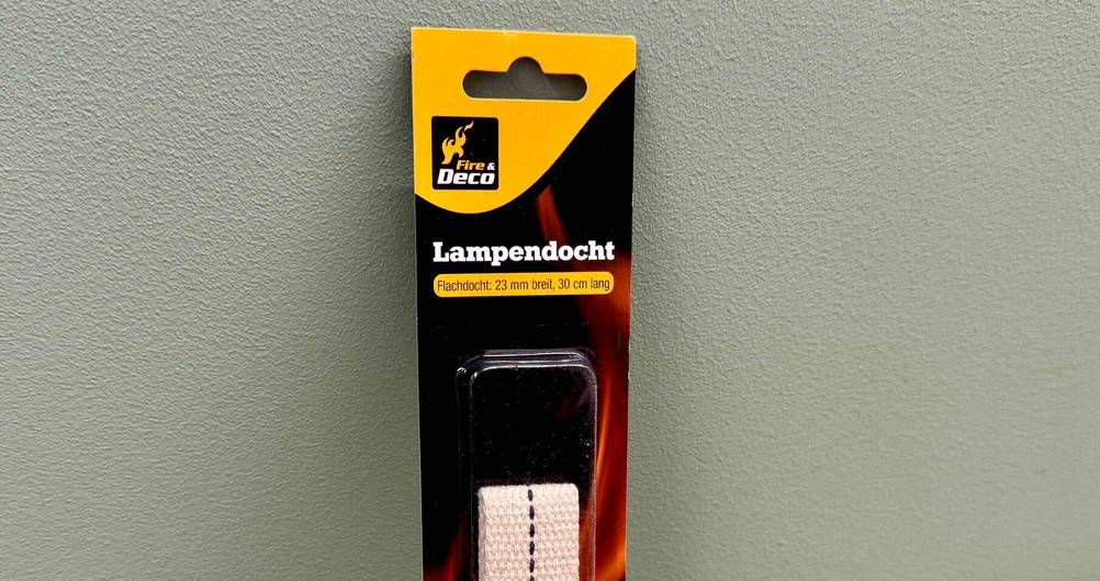 Öllampendocht getestet: Nahaufnahme der Verpackung mit Logo und Artikelbezeichnung.