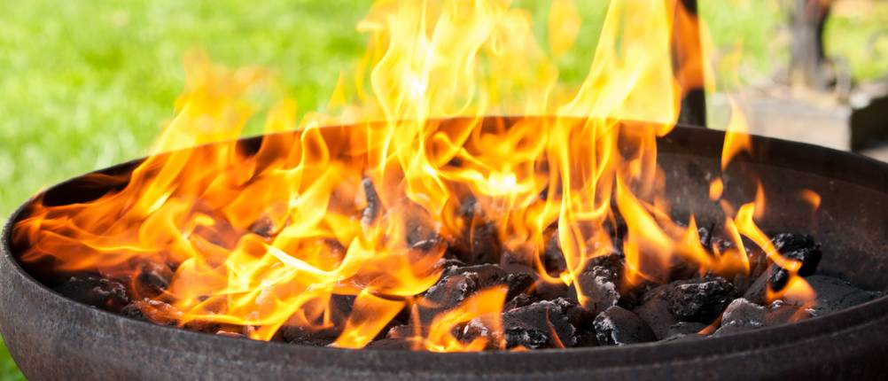 Feuerschale steht in einem Garten.
