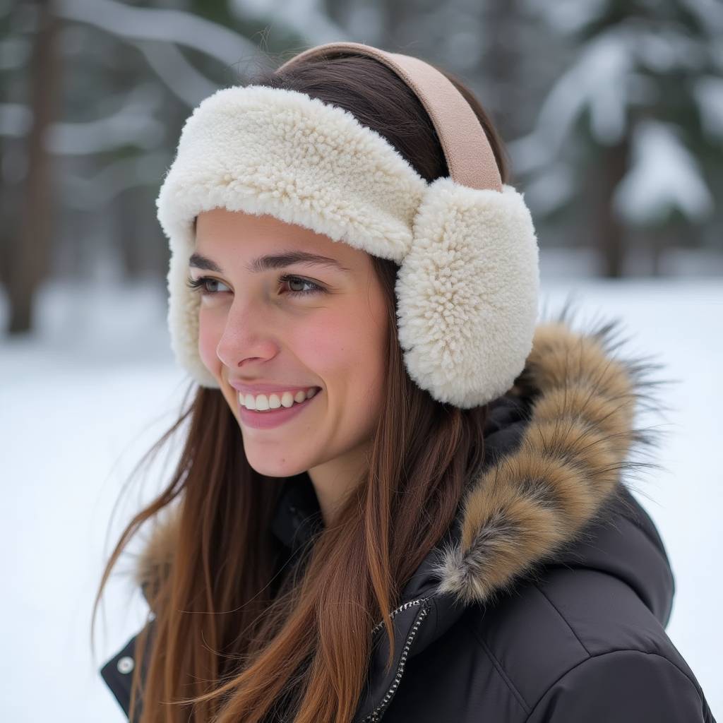 Ohrenwärmer-Test: Eine Frau trägt Ohrenwärmer aus Echtfell und blickt in die verschneite Winterlandschaft. 