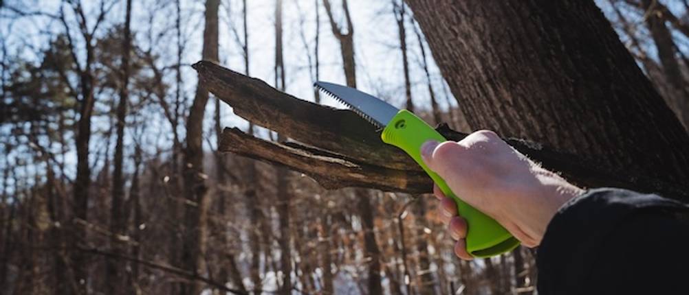Okuliermesser getestet: Eine Hand hält ein Okuliermesser mit einem grünen Griff vor einem Ast.
