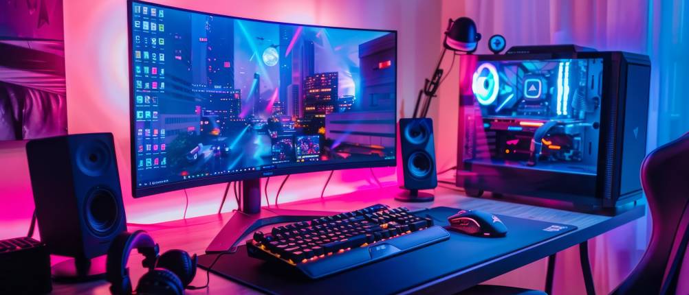 Ein PC-Monitor, eine Tastatur und weiteres Computerzubehör stehen auf einem Tisch.