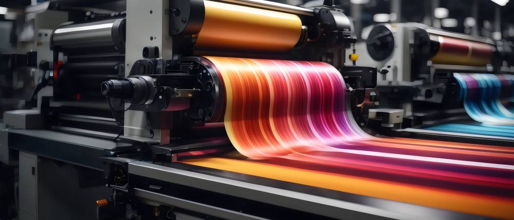 Online-Druckerei-Test: Ein industrieller Drucker bedruckt eine Papierrolle in mehreren Farben.