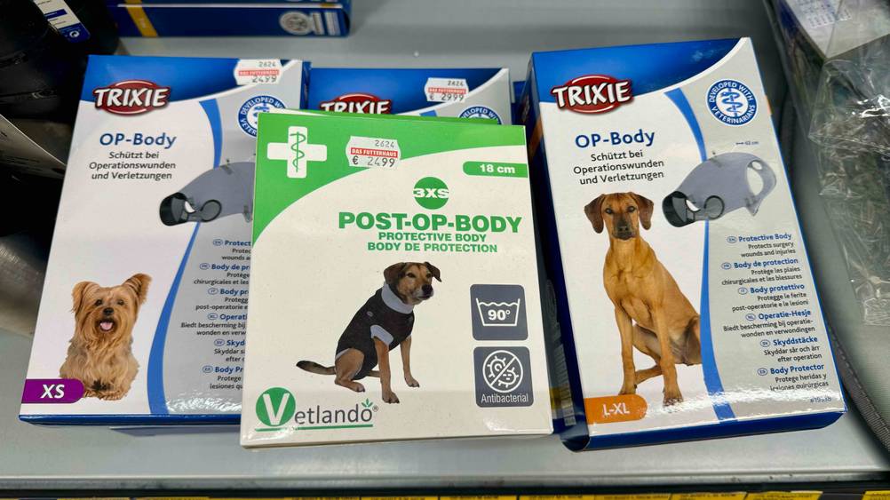 Nahaufnahme der unterschiedlichen Verpackungen des getesteten OP-Body Hund.