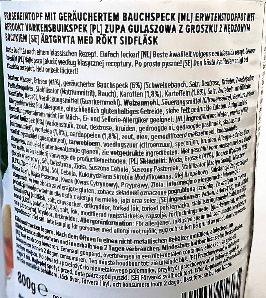 Doseneintopf-Test: Nahaufnahme der Produktbeschreibung auf der Dose.