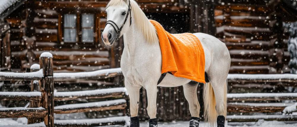 Winterdecke-Pferd-Test: Ein weißes Pferd steht mit einer orangefarbenen Wolldecke auf dem Rücken im Schnee vor einem Holzhaus.