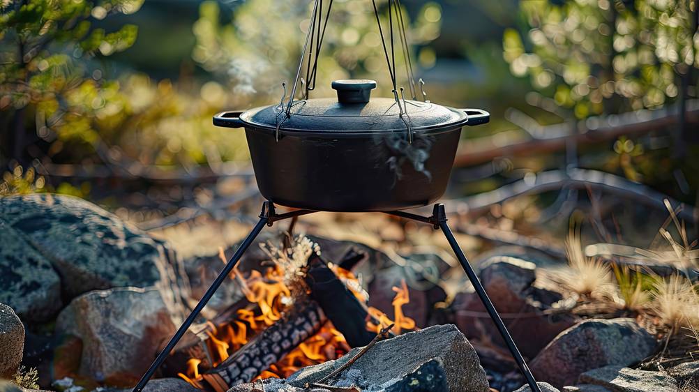 Ovale Bräter im Test: ovaler Gusseisenbräter über Lagerfeuer hängend