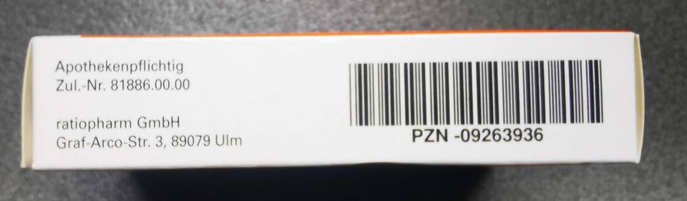 Seitenansicht der Verpackung der getesteten Paracetamol mit Strichcode.