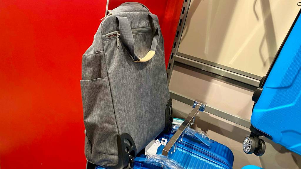 Rückseite eines getesteten Rucksack-Trolleys, der neben anderen Koffern hängt.