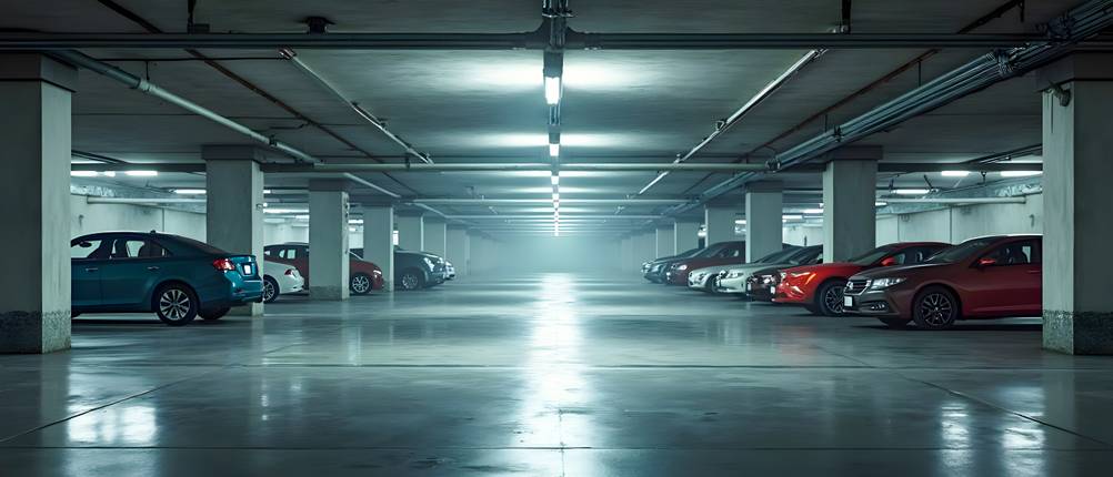 Parkscheiben-Test: Tiefgarage mit mehreren parkenden Autos
